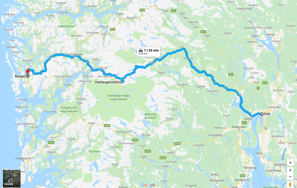 Driving from Oslo to Bergen via Hardangervidda